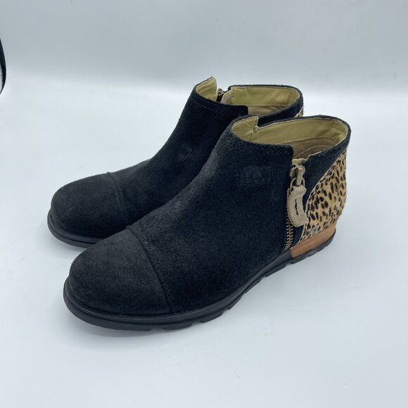 SOREL Boots Suede Leather Side Zip Ankle Booties Black/Tan Animal Women's 7.5 - Picture 7 of 12